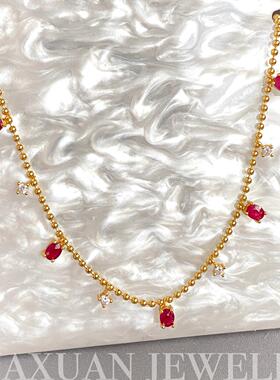 S925银镶天然红宝石项链锁骨链