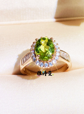 时尚珠宝饰品天然橄榄石戒指闭口925纯银镀18K金指环食指轻奢小众