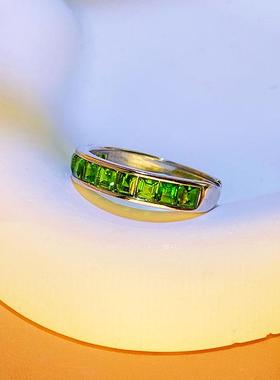 天然透辉石戒指轻奢时尚百搭S925银活圈女款排戒方宝石戒指