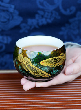 非遗大漆茶具手绘金鱼主人杯茶杯