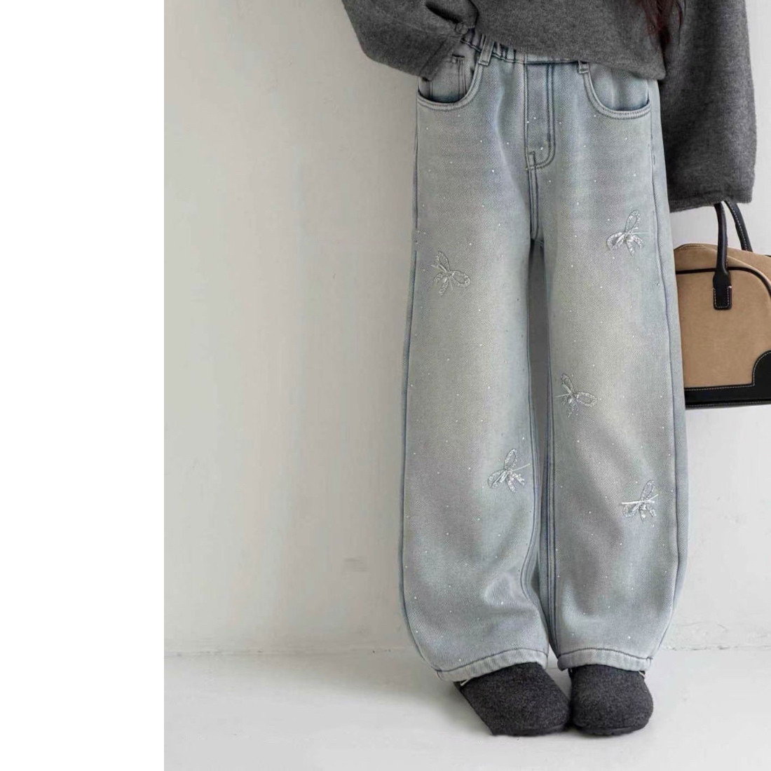 美妞之城 女童直筒牛仔裤加厚一体绒中大童裤子2025冬 闪闪新年款,淘宝优惠券,粉丝福利购,淘宝优惠卷