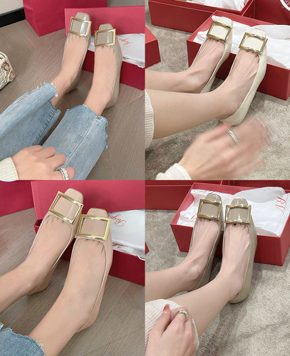 【benefanfan】夏季新款真皮大底方扣浅口内增高小方头平底单鞋女 - 图2