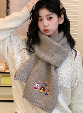 灰色小熊刺绣针织毛线围巾女2026新款秋冬学院风保暖百搭护颈围脖