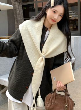 日系黄色针织流苏三角巾外搭叠穿围巾女2026新款秋冬时尚洋气披肩