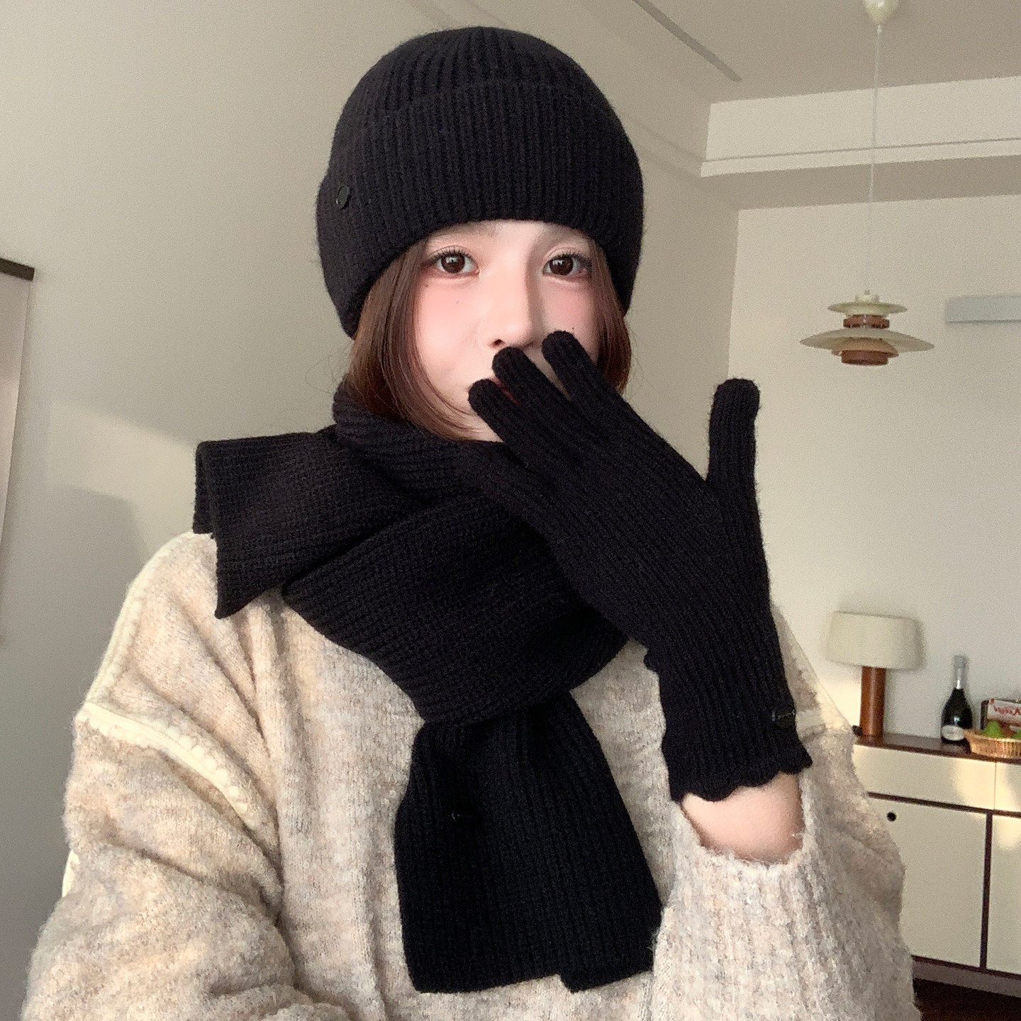 黄色围巾女款2025新款冬季韩版针织毛线帽子手套二三件套保暖围脖,淘宝优惠券,粉丝福利购,淘宝优惠卷