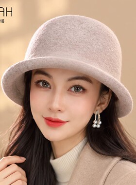 布塔秋冬季老钱风毛呢帽羊毛渔夫帽女卷边盆帽优雅气质显脸小帽子