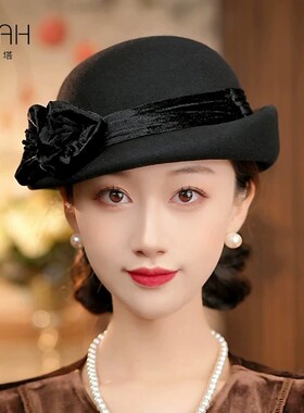 布塔千金风贝雷帽羊毛呢礼帽女秋冬优雅立体花复古百搭显脸小帽子