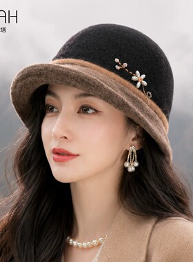 布塔法式复古渔夫帽花朵装饰羊毛呢帽子女气质优雅秋冬季保暖盆帽