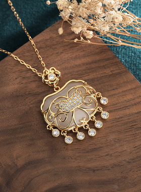 中国风复古玉石挂件古装汉服搭配项饰如意平安锁仿和田玉项链女