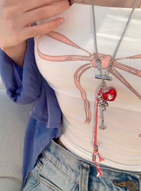 韩系彩色爱心长项链女轻奢高级感独特长款颈链配饰毛衣链红色黑色