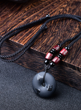 天然黑曜石三合一吊坠正品黑曜石平安扣项链本命年生肖挂坠护身符