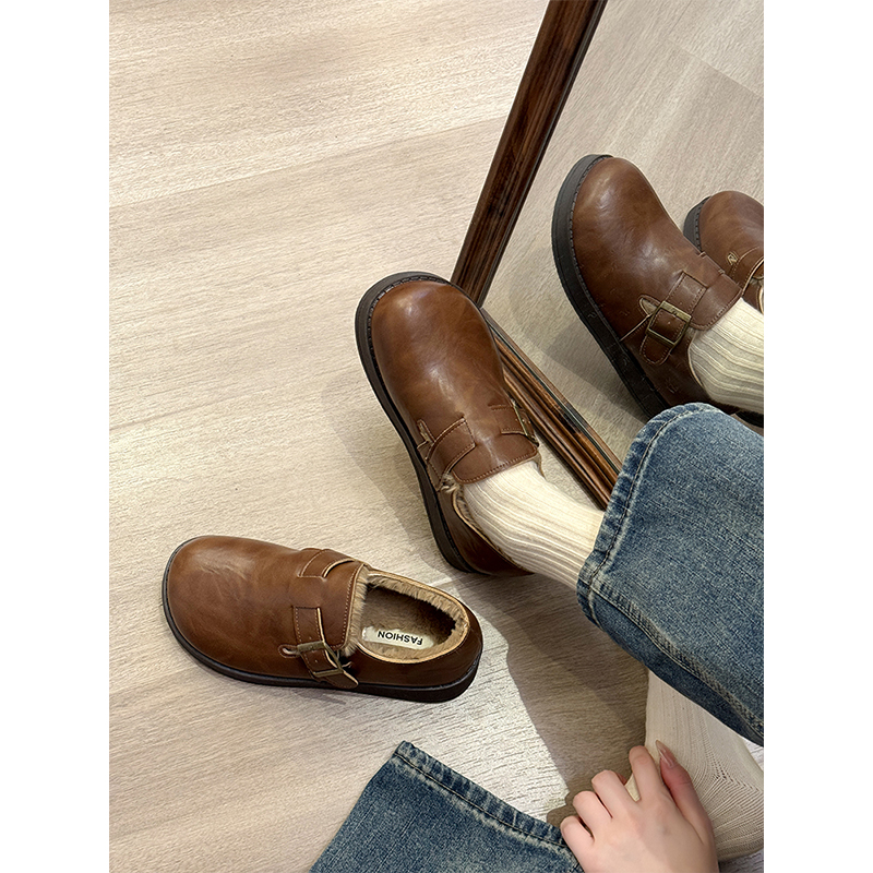 厚底勃肯鞋女鞋加绒小皮鞋2025新款冬季保暖雪地靴乐福鞋博肯棉鞋 - 图2