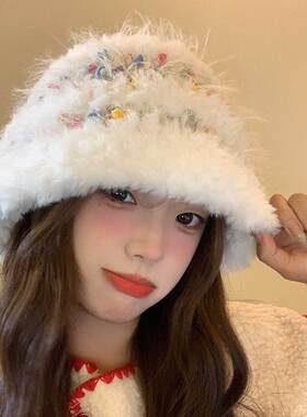 毛线帽子秋冬季女款百搭针织包头显脸小保暖白色毛绒茸冷帽大头围