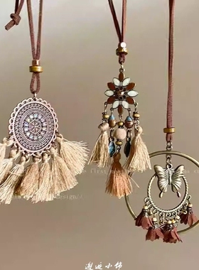 波西米亚咖色复古流苏项链女异域民族风蝴蝶吊坠毛衣链做旧配饰品