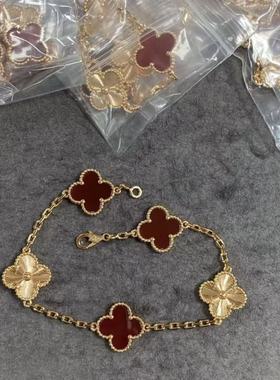 新款五花四叶草手链女镀18k黄玫瑰金红蓝紫色镭射满钻轻奢高级感