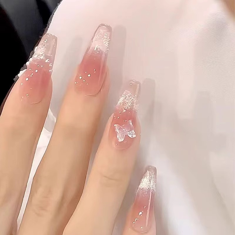 2025春季新款清透裸色纯欲风桃花蝴蝶显白美甲成品手工穿戴甲,淘宝优惠券,粉丝福利购,淘宝优惠卷