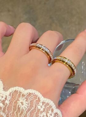 溪御钛钢玫瑰金转动戒指女士小众设计食指情侣指环满天星自律指环
