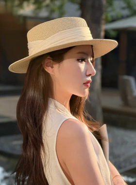 平顶草帽女夏海边出游遮阳防晒帽