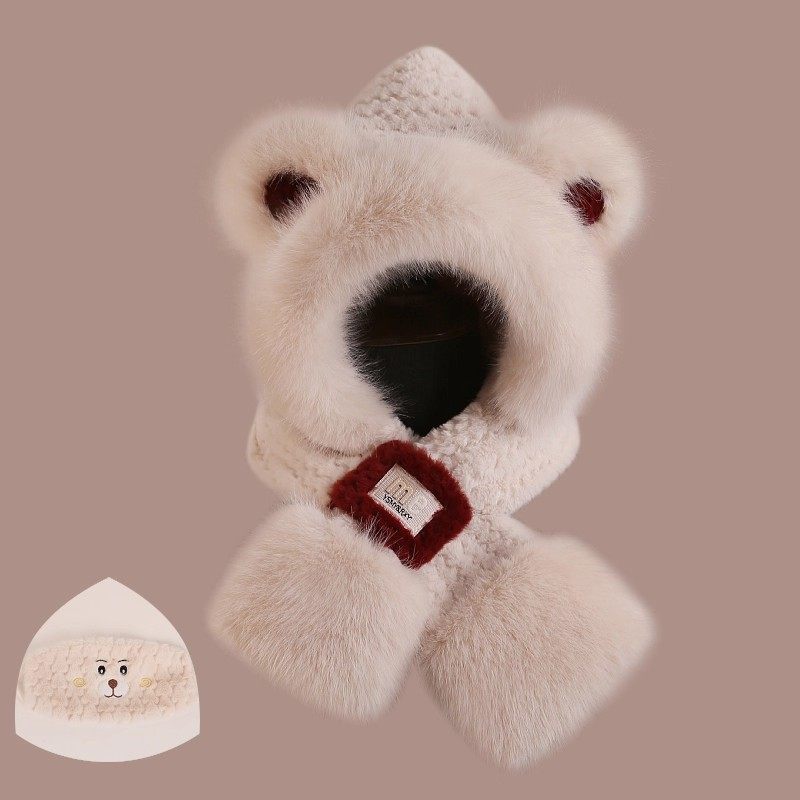 可爱小熊帽子围巾一体女新款秋冬季加绒围脖防寒保暖护耳帽红色,淘宝优惠券,粉丝福利购,淘宝优惠卷