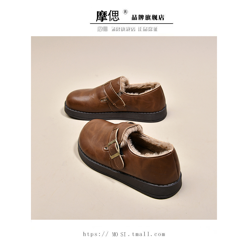 厚底勃肯鞋女鞋加绒小皮鞋2025新款冬季保暖雪地靴乐福鞋博肯棉鞋 - 图0