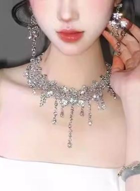 项链爆闪水滴晚礼服女新款夸张名媛宴会锁骨链新娘主持人配饰颈链