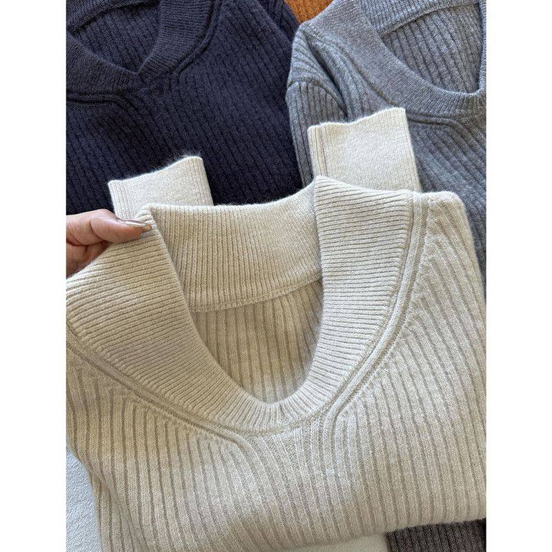 美式复古杏色v领长袖简约毛衣女春秋高级感大码内搭打底针织上衣,淘宝优惠券,粉丝福利购,淘宝优惠卷