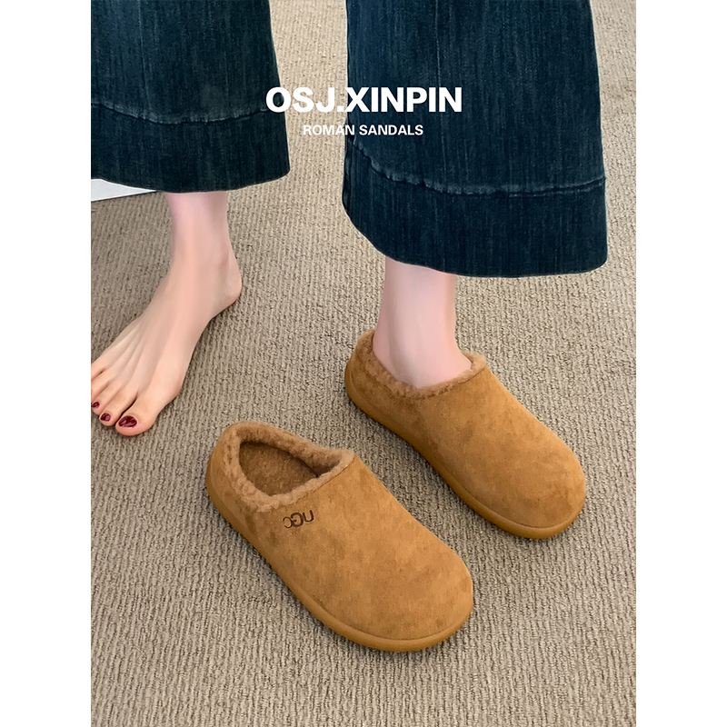 毛毛勃肯鞋女半拖外穿2025新款爆款冬季一脚蹬女鞋加绒包头棉拖鞋 - 图2