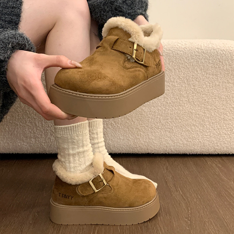 厚底加绒全包勃肯鞋高帮女鞋子2025冬季新款乐福鞋雪地靴毛毛棉鞋,淘宝优惠券,粉丝福利购,淘宝优惠卷