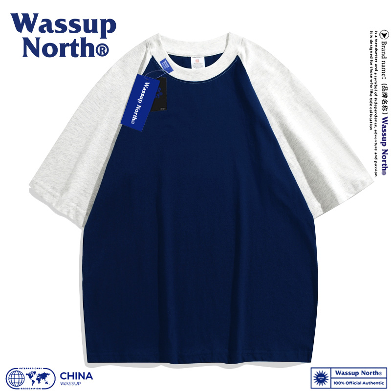 WASSUP NORTH重磅纯棉撞色短袖T恤女潮牌简约纯色拼接宽松插肩袖