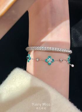 [肆叶知秋]赛里木湖蓝托帕抽拉银色手链饰精致高级感轻奢女款温感