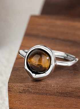 s925纯银圆形虎眼石戒指女简约小众设计高级感琥珀色开口指环个性