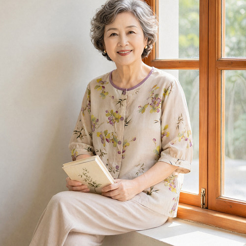 中老年人女装夏季绵绸开衫两件套妈妈装宽松上衣奶奶套装薄款衬衫 - 图2