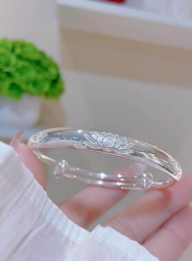 纯纯匠心好事连连莲花纯银手镯足银999推拉光面女实心妈妈女友礼