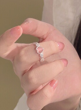 甜美爱心猫眼石戒指女ins小众设计高级感高颜值少女心可调节指环