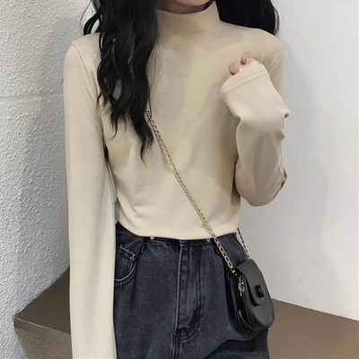 白色半高领德绒打底衫女秋冬季加绒保暖衣女纯色内搭大码长袖上衣
