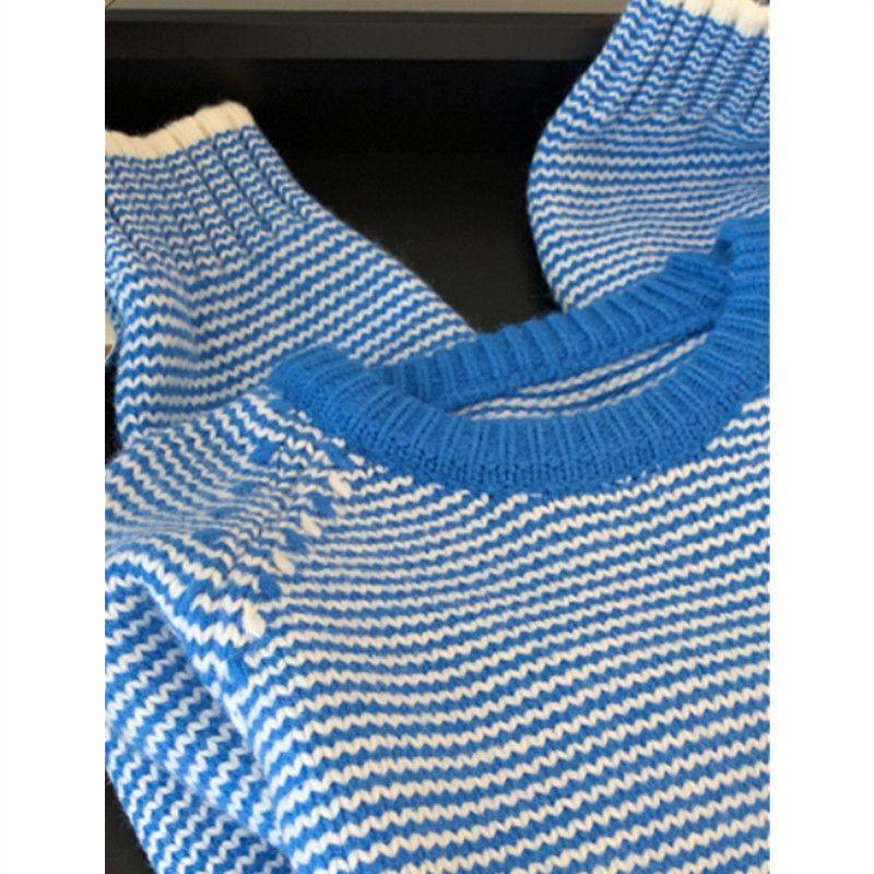 克莱因蓝色条纹套头圆领宽松软糯毛衣女可打底大码内搭长袖高级感,淘宝优惠券,粉丝福利购,淘宝优惠卷