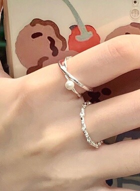 s925纯银天然戒指女ins小众设计不规则双层细款素圈指环