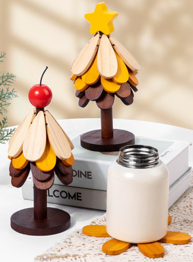 圣诞树隔热垫餐桌高级感新房摆件创意实木防烫锅垫杯垫碗垫礼物