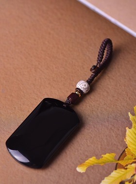 天然黑曜石无事牌吊坠项链礼物