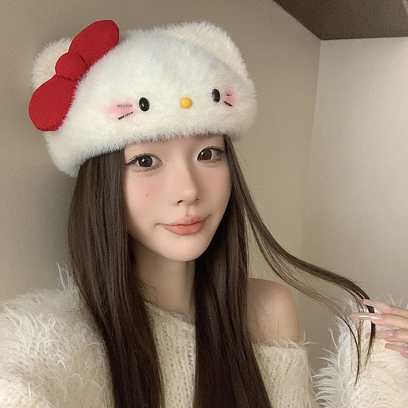 可爱腮红kitty猫毛绒贝雷帽