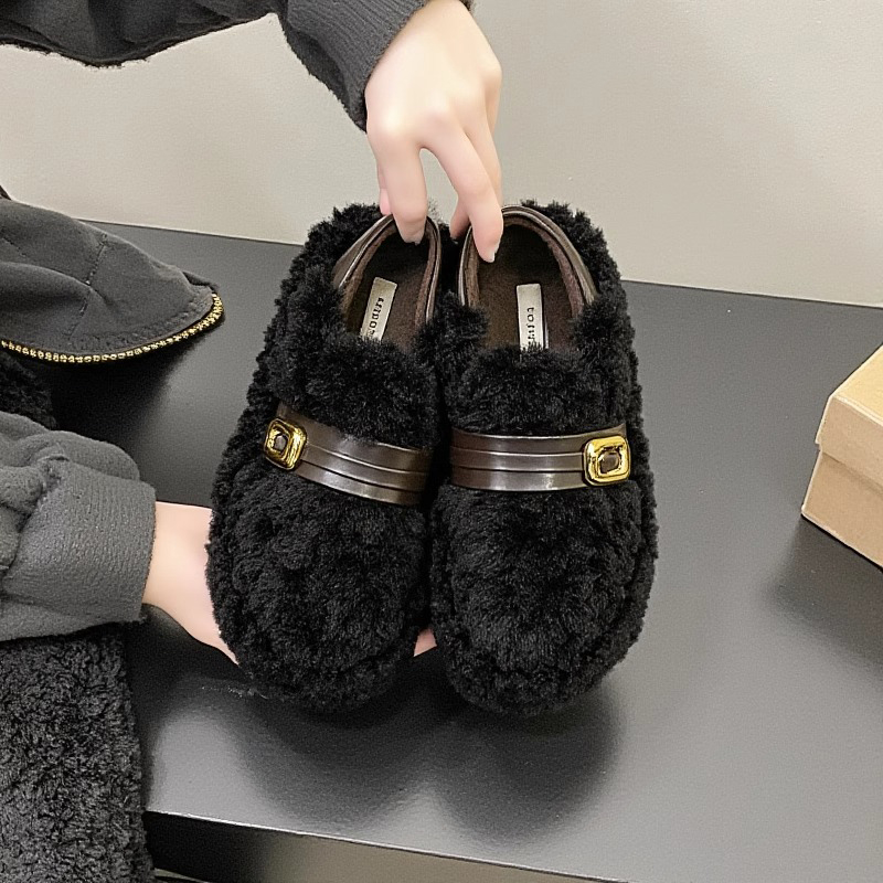 羊羔绒毛毛鞋女2025新款冬季厚底加绒保暖孕妇豆豆棉鞋单鞋防滑 - 图2
