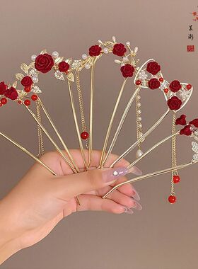 新年红色玫瑰花流苏发簪