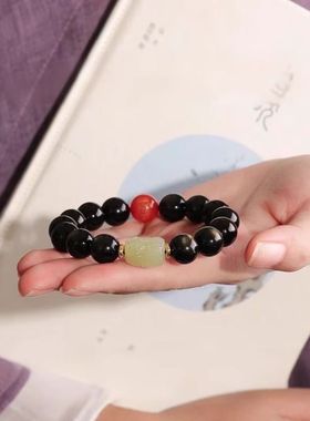 和田玉黑曜石貔貅手串女男款