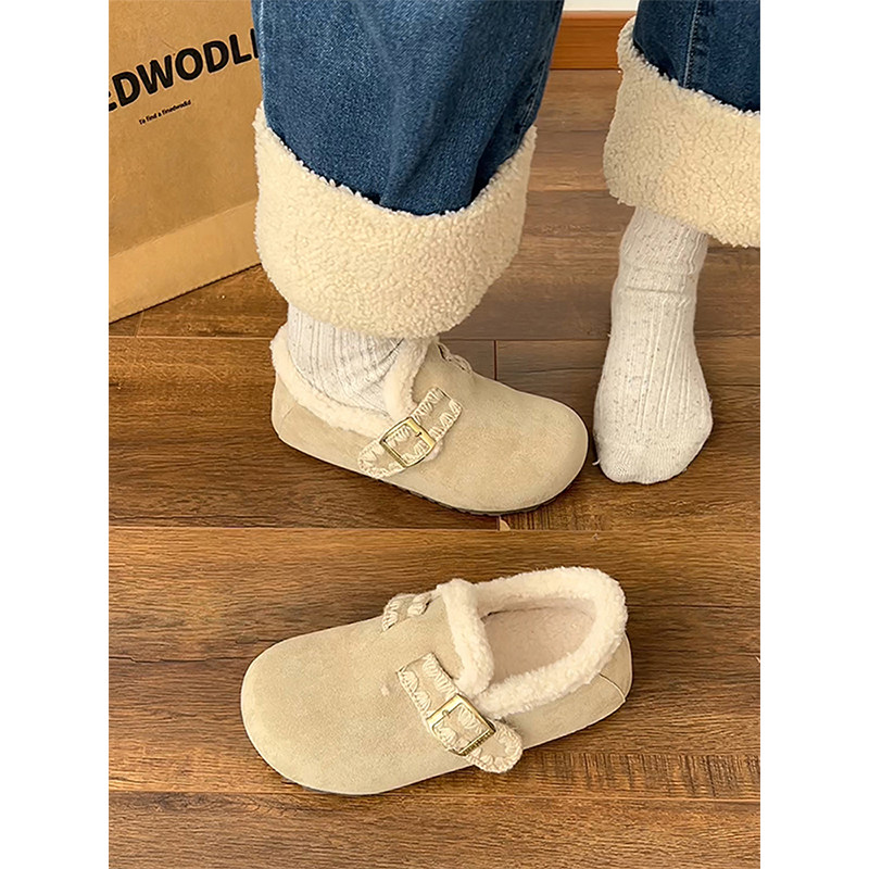 白色加绒加厚保暖平底棉鞋女2025新款冬季一脚蹬软底勃肯鞋子毛绒,淘宝优惠券,粉丝福利购,淘宝优惠卷