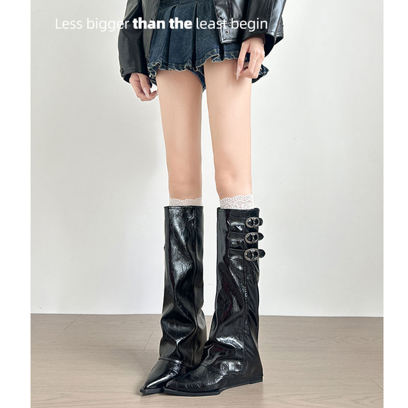 真皮~尖头内增高裤管靴女白色长筒靴坡跟骑士靴黑色冬季粗跟欧美 - 图3