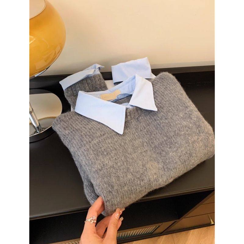 假两件衬衫领毛衣女秋装大码内搭慵懒风撞色翻领灰色针织衫上衣,淘宝优惠券,粉丝福利购,淘宝优惠卷