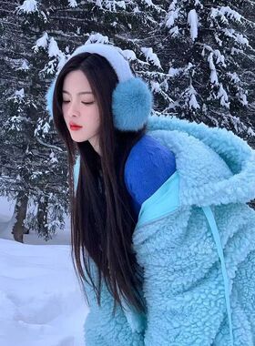 杨超越明星同款蓝色狐狸毛耳罩冬季保暖防寒防冻耳套