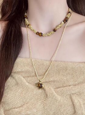 复古叠戴美拉德虎眼石款吊坠项链女秋冬气质长款毛衣链高级感颈链