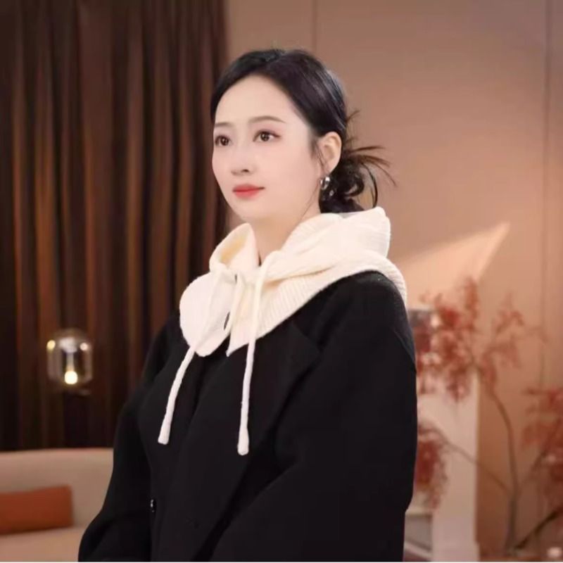 2025年新款纯色毛线帽子围脖一体护颈女秋冬加厚针织连帽围巾带扣 - 图1