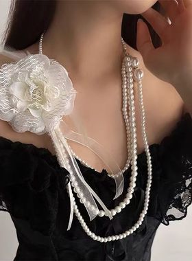 Y2K古早氛围感多层仿珍珠蕾丝花长款项链亚文化羽毛丝带层次颈链